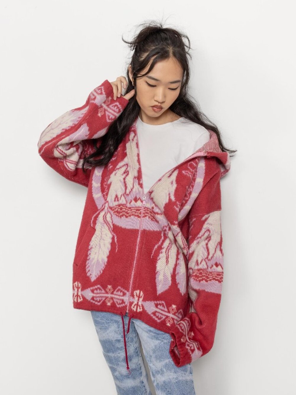 Fleece Knit Hoodie Vintage Wolves Blanket Oversize Jacket - Picture 6 of 13